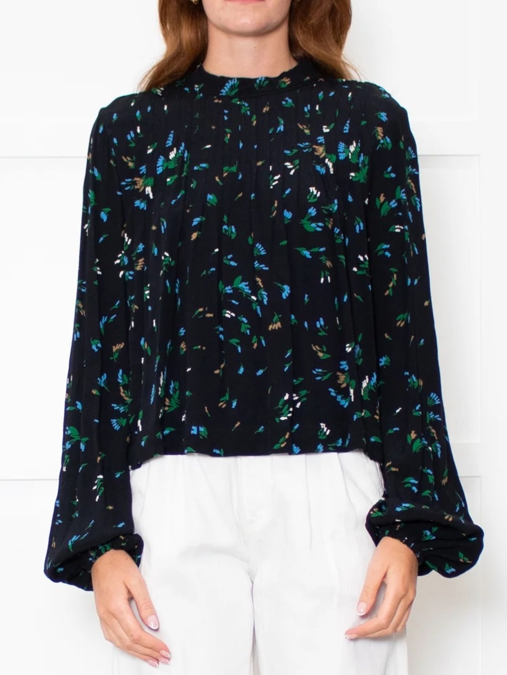 Ganni Black Blue Floral Long Sleeve Zip Back Top